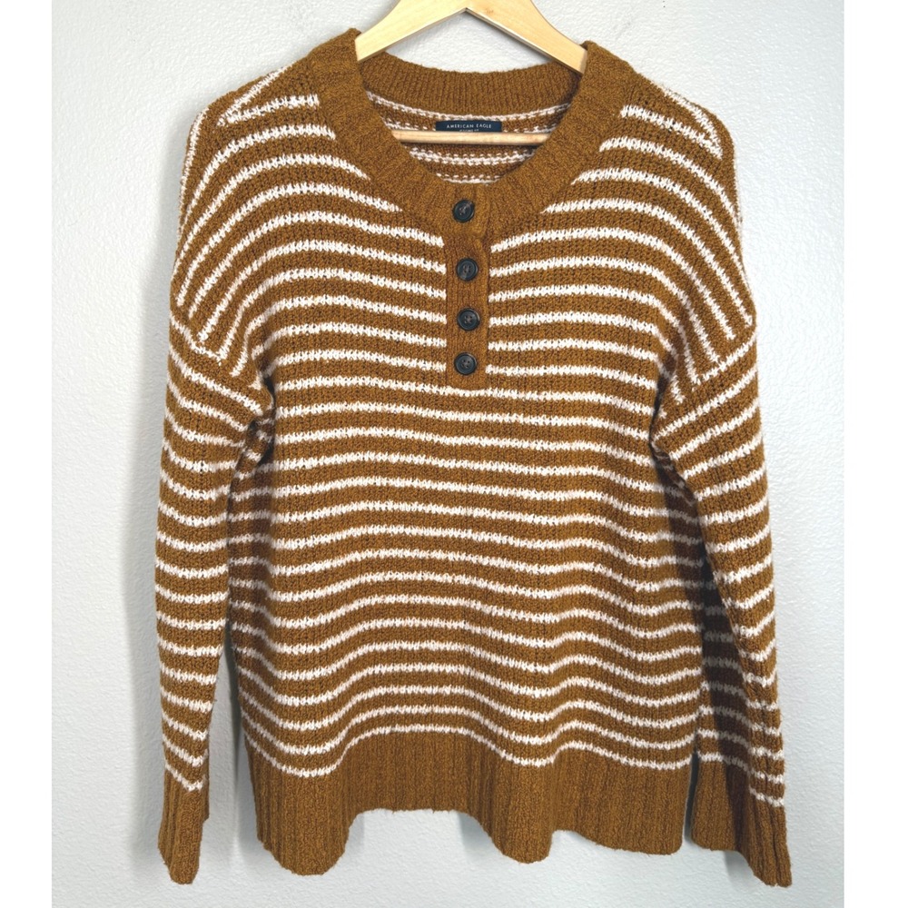American Eagle Brown Striped Sweater Jeggings Fit Button Detail‎ Women's S Fall